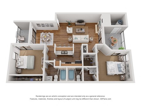 Floor plan for 2 beds, 2 baths, 971 sqft